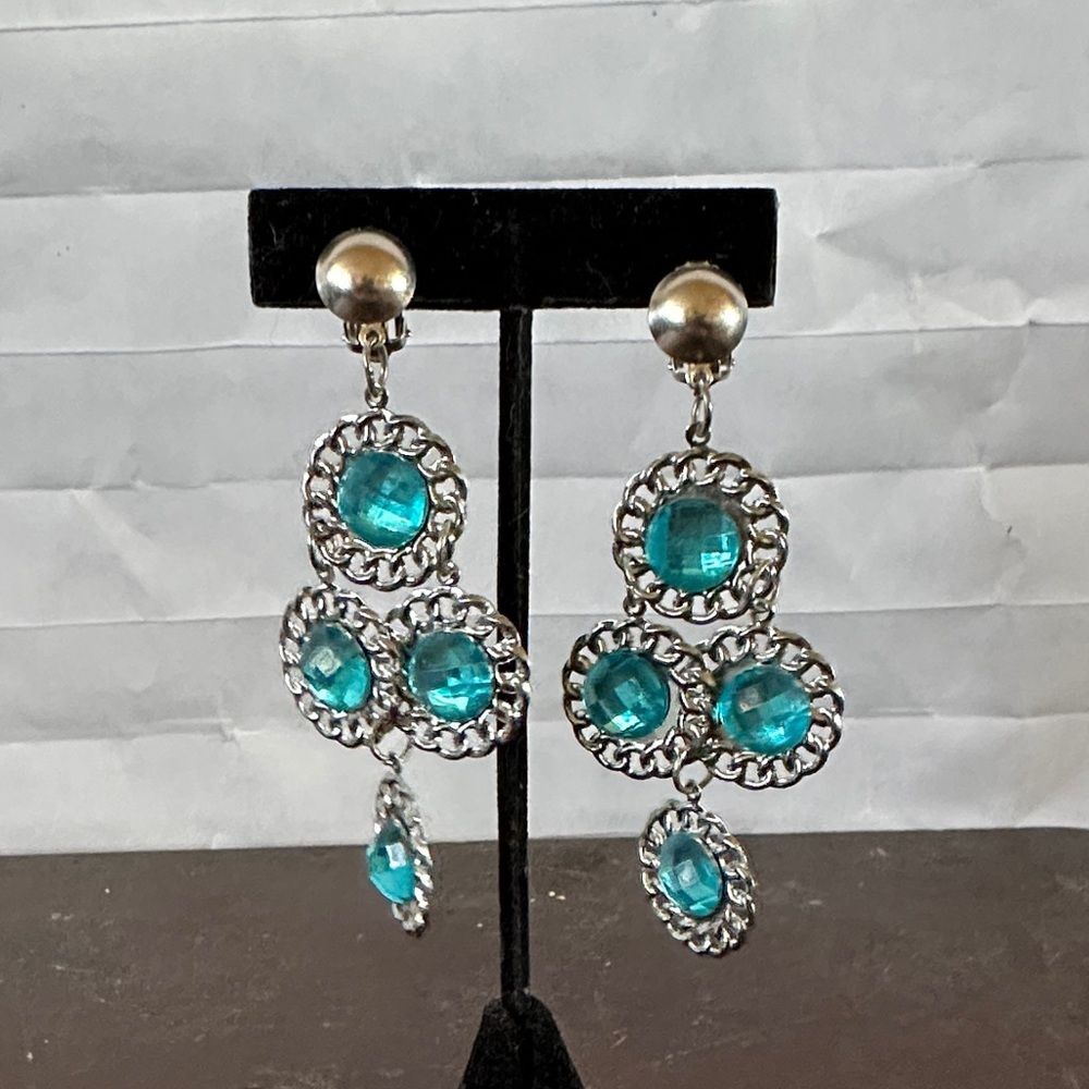 Elegant Silver and Blue Dangle Clip On Earrings Faux Silver
